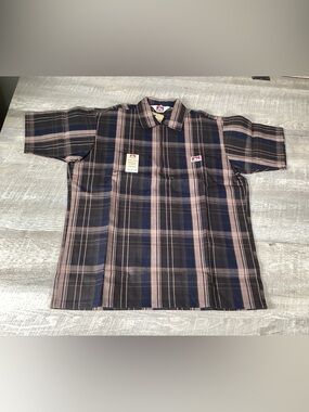 Ben Davis Plaid Work Shirt Mens M Brown Blue Zip Short Sleeve NWT